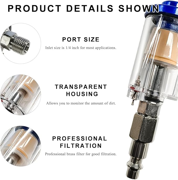 2 PCS Water Oil Separator Filter, 1/4" NPT Inlet and Outlet Airbrush Filter Air Compressor Fittings, Mini in-Line Air Filters Water Oil Separator for Pneumatic Tool