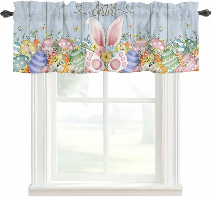 Easter Curtain Valances for Windows, Kitchen Valance Window Treatment, Spring Eggs Rabbit Ear Flowers Wooden Grain Light Filtering Block Curtains for Bathroom/Bedroom/Living Room 42'' x 12''