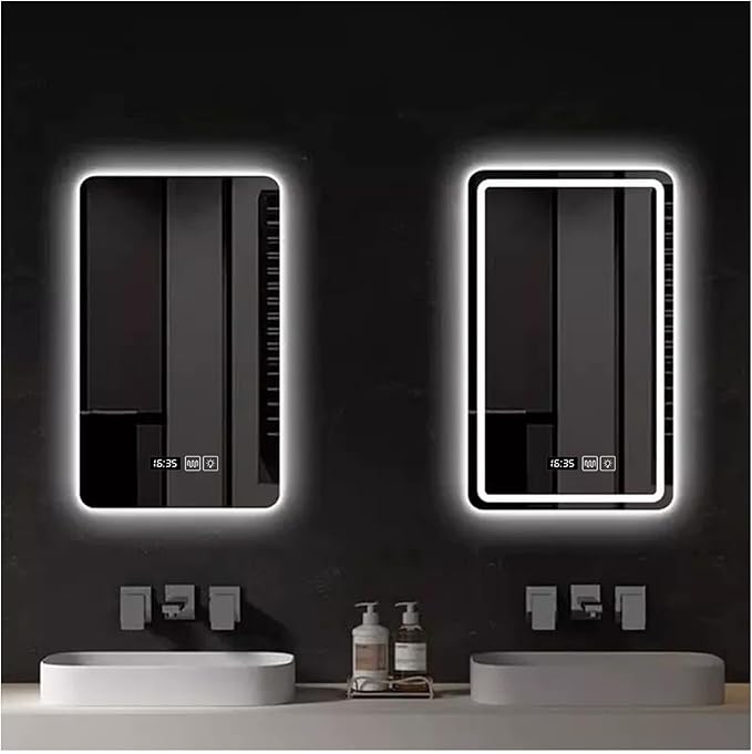 Bathroom Mirror with LED Lights, Backlit Illuminated Bathroom Mirror Wall Mounted Multifunction Vanity Mirror with 3 LED Light Color Dimmable and Demister Pad,(B,H60*W80CM/H23.6*W31.4IN)