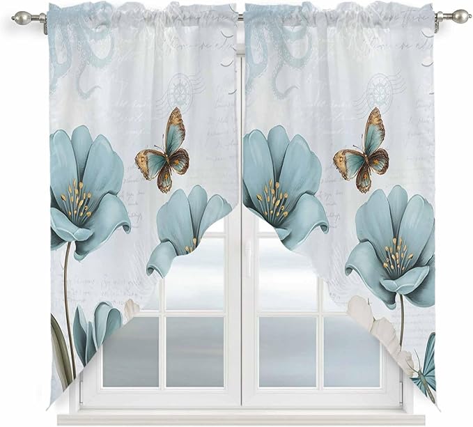 Blue Tulips Swag Valances for Windows, Watercolor Flowers Butterfly Spring Farmhouse Blue Rod Pocket Kitchen Curtains Valance, Small Window Curtains Swag for Cafe Living Room, 2 Panels, 36x36 inch