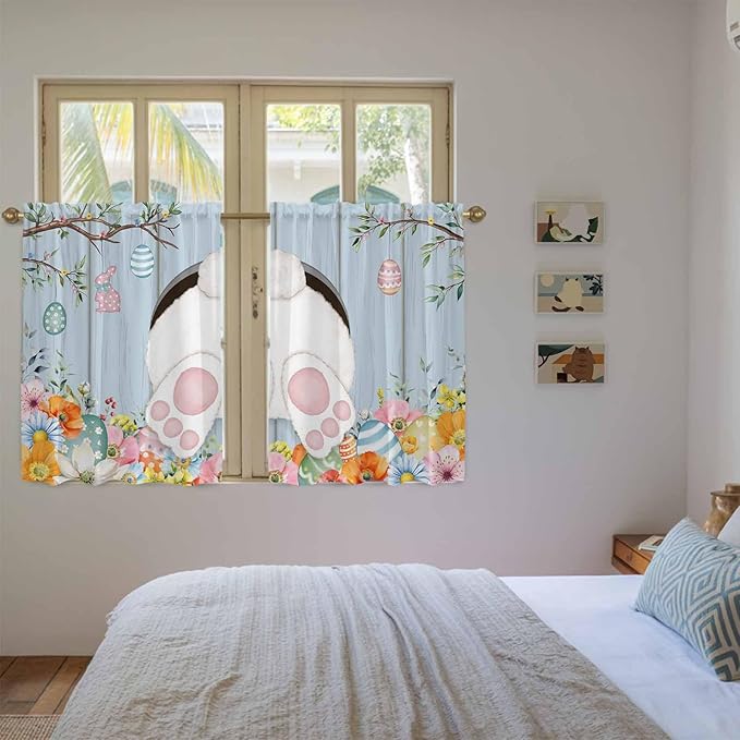Easter Kitchen Curtains 45 Inch Long 2 Panel Set, Rod Pocket Window Treatment, Spring Watercolor Bunny Eggs Flower Wood Grain Blue Light Filtering Panels Short Drapes for Bathroom Camper 42"W x 45"L