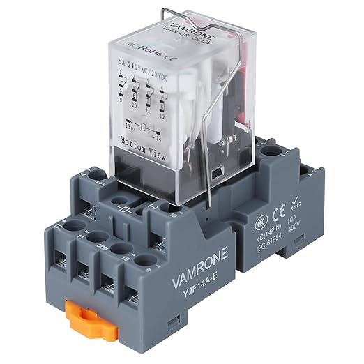 Electromagnetic Power Relay, 14-Pin 5 AMP 12V DC Relay Coil with Socket Base, LED Indicator, 4PDT 4NO 4NC - MY4NJ [Applicable for DIN Rail System]