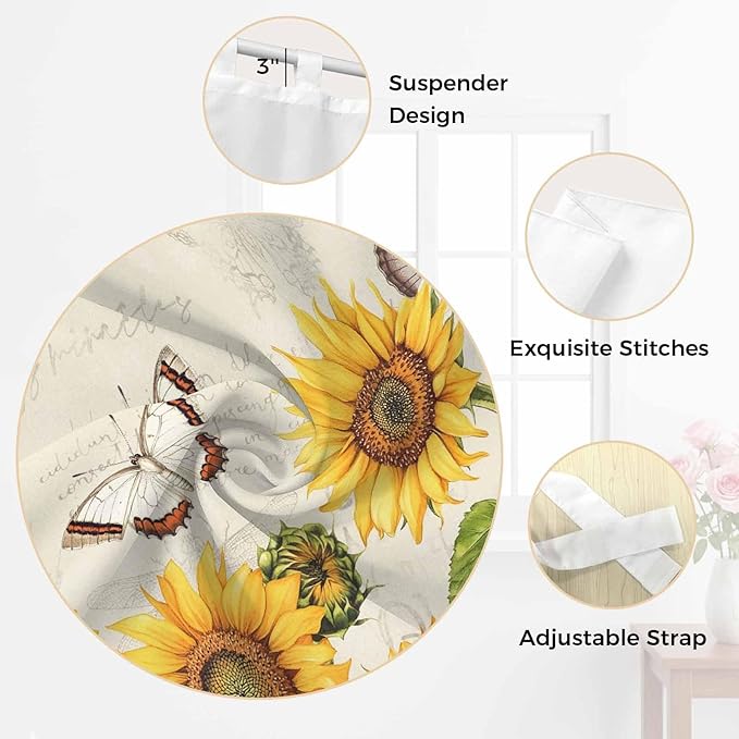 Farm Sunflowers Kitchen Curtains 45 Inch Length, Short Cafe Window Curtains Tab Top, Retro Flowers Butterfly Botanical Beige Light Filtering Window Treatments Tier Drapes 27.5"x45" 2 Panel