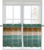 Vintage Plank Turquoise Brown Window Valance Curtains, Farmhouse Wood Grain Light Filtering Kitchen Valance with 3-inch Rod Pocket for Living Room Bathroom Bedroom,2 Panel,27.5x36In