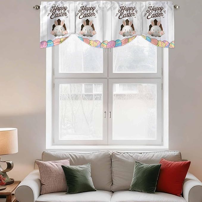 Grey Easter Tie Up Valance Curtains for Windows, Kitchen Curtains Window Shades, Spring Cartoon Bunny Colorful Eggs Wood Grain Light Filtering Roman Curtain Valances for Bedroom/Bathroom/Cafe 42"x18"