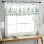 Eucalyptus Leaves Daisy Sheer Valance Curtains, Summer Farmhouses Flower Light Filtering Kitchen Valances Rod Pocket Voile Curtain Window Treatment for Bedroom/Living Room/Basement 42Wx18L