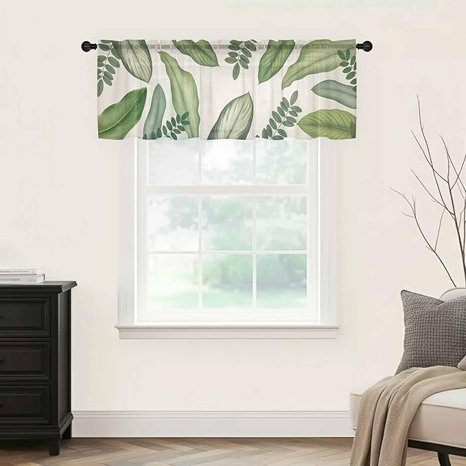 Summer Palm Leaf Sheer Valance Curtains, Green Tropical Plants Nature Leaves Linen Light Filtering Kitchen Valances Rod Pocket Voile Curtain Window Treatment for Bedroom/Living Room/Basement 42Wx18L