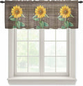 Summer Sunflower Sheer Valance Curtains, Yellow Floral Plants Bees Brown Wood Grain Light Filtering Kitchen Valances Rod Pocket Voile Curtain Window Treatment for Bedroom/Living Room/Basement 54Wx18L