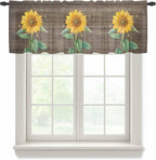 Summer Sunflower Sheer Valance Curtains, Yellow Floral Plants Bees Brown Wood Grain Light Filtering Kitchen Valances Rod Pocket Voile Curtain Window Treatment for Bedroom/Living Room/Basement 54Wx18L