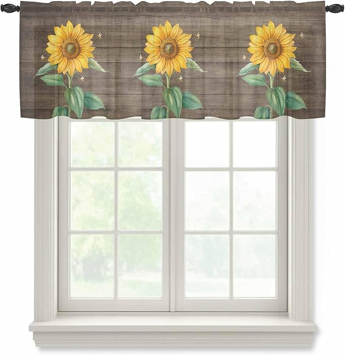 Summer Sunflower Sheer Valance Curtains, Yellow Floral Plants Bees Brown Wood Grain Light Filtering Kitchen Valances Rod Pocket Voile Curtain Window Treatment for Bedroom/Living Room/Basement 60Wx18L