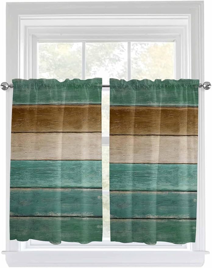 Vintage Plank Turquoise Brown Window Valance Curtains, Farmhouse Wood Grain Light Filtering Kitchen Valance with 3-inch Rod Pocket for Living Room Bathroom Bedroom,2 Panel,27.5x45In