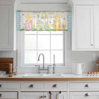 Easter Sheer Valances for Windows 60"x18", Light Filtering Kitchen Curtains Valance, Gnomes Colorful Eggs Butterfly Flowers Blue Check Rod Pocket Chiffon Curtains for Living Room Bedroom Cafe