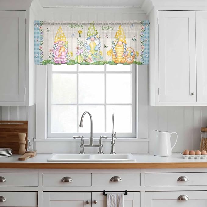 Easter Sheer Valances for Windows 42"x18", Light Filtering Kitchen Curtains Valance, Gnomes Colorful Eggs Butterfly Flowers Blue Check Rod Pocket Chiffon Curtains for Living Room Bedroom Cafe
