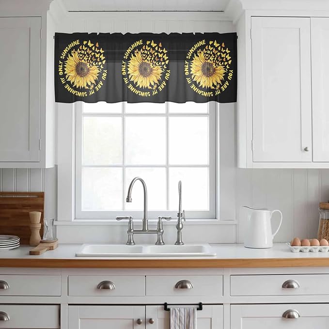 YOU ARE MY SUNSHINE Sheer Valance Curtains, Summer Sunflowers Golden Gradient Butterflies Light Filtering Kitchen Valances Rod Pocket Voile Curtain Treatment for Bedroom/Living Room/Basement 54Wx18L