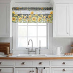 Summer Floral Sheer Valance Curtains, Watercolor Sunflower Eucalyptus Leaves Black Wood Grain Light Filtering Kitchen Valances Rod Pocket Voile Curtain for Bedroom/Living Room/Basement 54Wx18L