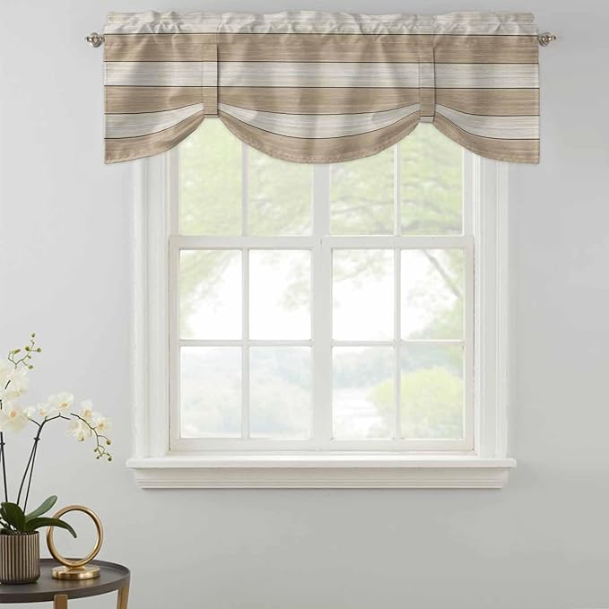 Brown Ombre Wooden Tie Up Valance Curtains for Windows, Kitchen Curtains Window Shades, Farmhouse Retro Khaki Wood Light Filtering Roman Curtain Valances for Bedroom/Bathroom/Cafe 42"x12"