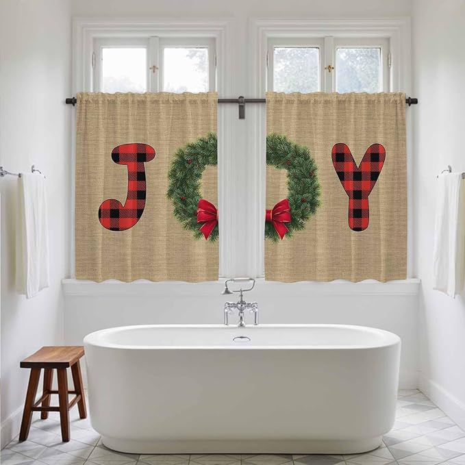 Red Green Christmas Kitchen Curtains 45 Inch Long 2 Panel Set, Rod Pocket Window Treatment, Xmas Botanical Winter Farmhouse Light Filtering Panels Short Drapes for Bathroom Camper 42"W x 45"L