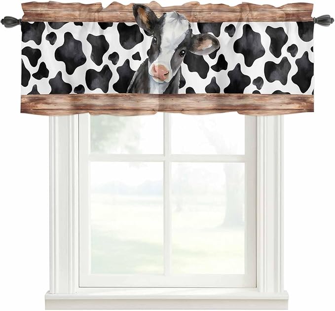 Cow Printed Curtain Valances for Windows, Kitchen Valance Window Treatment, Farmhouse Watercolor Country Wooden Grain Light Filtering Block Curtains for Bathroom/Bedroom/Living Room 42'' x 12''