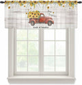 Farmhouses Sunflowers Sheer Valance Curtains, Retro Floral Leaves Red Truck Wood Grain Light Filtering Kitchen Valances Rod Pocket Voile Curtain Treatment for Bedroom/Living Room/Basement 42Wx12L