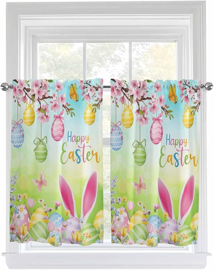 Easter Kitchen Curtains 45 Inches length, Spring Bunny Colorful Rabbit Eggs Butterfly Blue Green Window Treatment Curtain Drapes, Lightweight Window Panels for Living Room Bedroom, 52"x45", 2 Panels