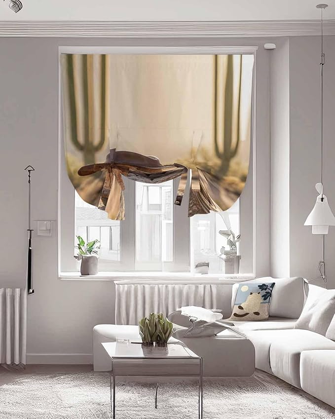 Tie Up Curtains for Windows, Cowboy Western Adjustable Balloon Nature Linen Textured Kitchen Curtain, Cowboy Hats Boots Desert Cacti Vintage Blackout Curtains for Living Room, 46 x 63 Inches