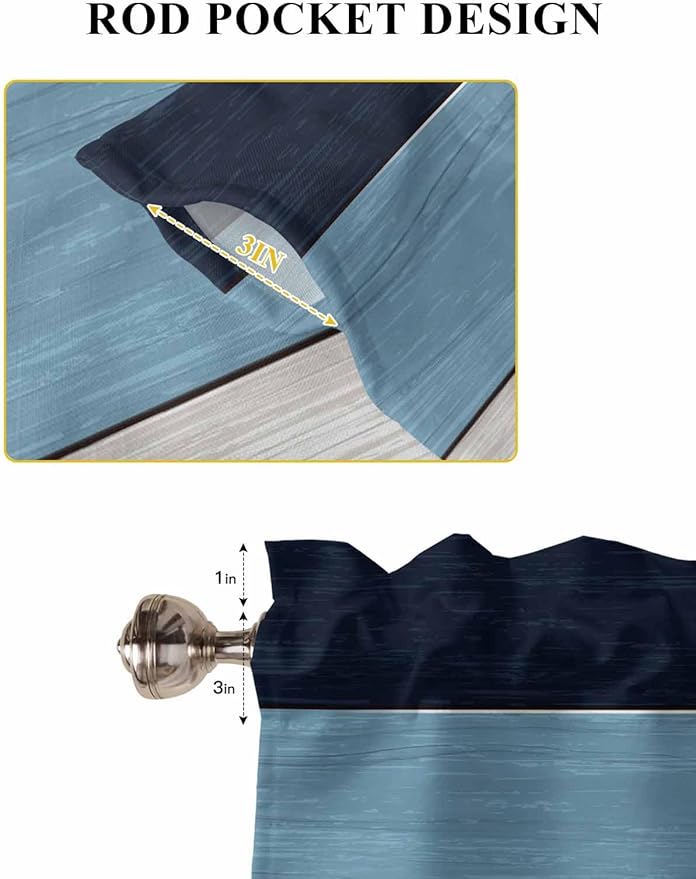 Vintage Country Woodcuts Window Valance Curtains, Blue Gradient Striped Light Filtering Kitchen Valance with 3-inch Rod Pocket for Living Room Bathroom Bedroom,2 Panel,27.5x45In