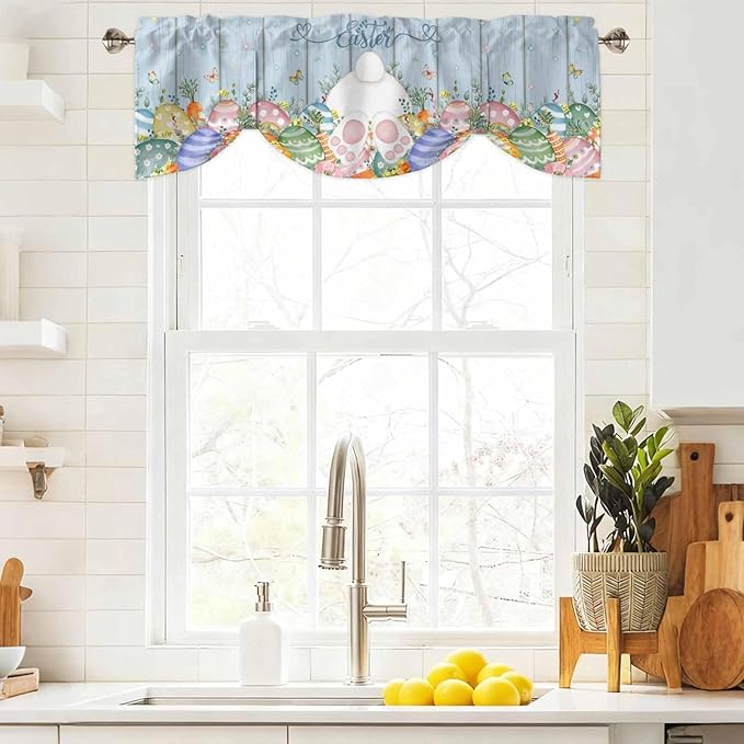 Spring Easter Tie Up Valance Curtains for Windows, Kitchen Curtains Window Shades, Rabbit Ears Foot Colorful Eggs Wooden Plank Light Filtering Roman Curtain Valances for Bedroom/Bathroom/Cafe 42"x12"
