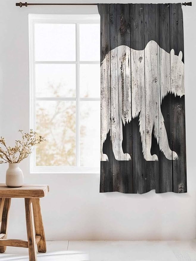 Sheer Curtains 72 Inches Long, White Brown Bear Semi Sheer Curtains Light Filtering Window Treatment, Farmhouse Country Rustic Wooden Grain Privacy Voile Drapes for Living Room Bedroom 52x72 Inch
