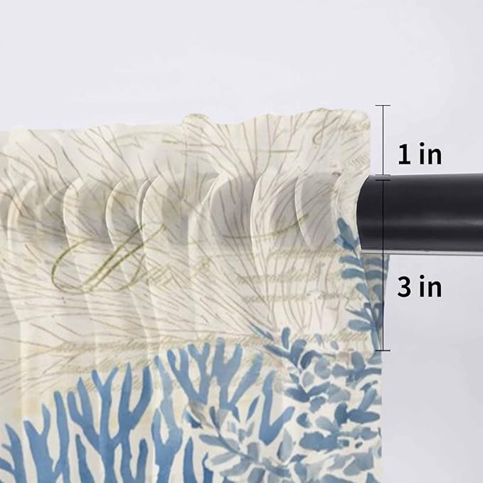 Ocean Corals Sheer Valance Curtains, Summer Beach Coral Sea Stars Retro Texture Light Filtering Kitchen Valances Rod Pocket Voile Curtain Window Treatment for Bedroom/Living Room/Basement 42Wx12L