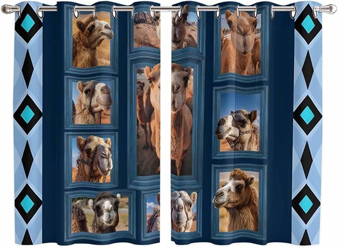 2 Panel Kitchen Cafe Curtains, Desert Camels Sunlight Filtering Nature Air Through, Home Decor Window Covering Tier Curtains for Living Room 104W x 63L inch Wildlife Brown Animals Blue Geometric