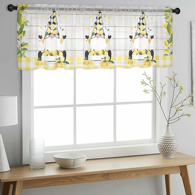 Lemon Dwarfs Sheer Valance Curtains, Gnome Green Leaf Wood Striped Black Plaid Light Filtering Kitchen Valances Rod Pocket Voile Curtain Window Treatment for Bedroom/Living Room/Basement 60Wx18L