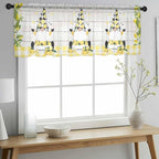 Lemon Dwarfs Sheer Valance Curtains, Gnome Green Leaf Wood Striped Black Plaid Light Filtering Kitchen Valances Rod Pocket Voile Curtain Window Treatment for Bedroom/Living Room/Basement 60Wx18L