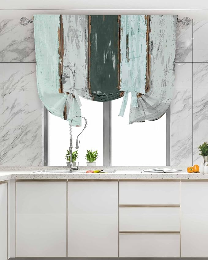Tie Up Curtains for Windows, Blue Teal Adjustable Balloon Nature Linen Textured Kitchen Curtain, Vintage Wooden Retro Art Farmhouse Barns Thermal Insulated Curtains for Window, 42" x 54"