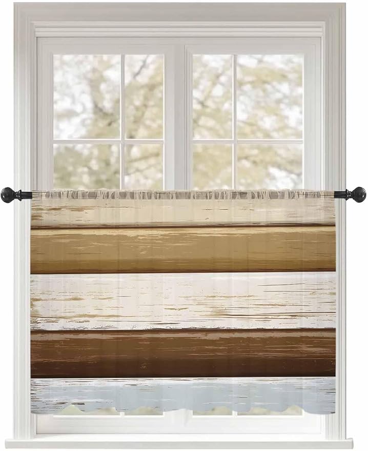 Sheer Curtains 54 Inch Length, Wood Grain Brown Semi Sheer Curtains Light Filtering Window Treatment, Farmhouse Vintage Country Geometric Privacy Voile Drapes for Living Room Bedroom 52x54 Inch