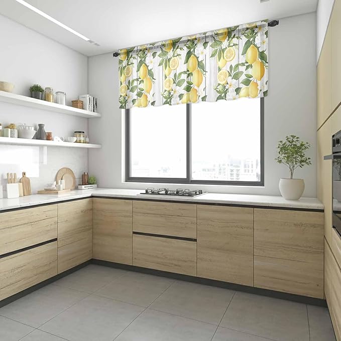 Spring Summer Lemon Sheer Valance Curtains, Leaf Flower White Wood Grain Light Filtering Kitchen Valances Rod Pocket Voile Curtain Window Treatment for Bedroom/Living Room/Basement 54Wx18L
