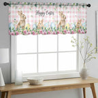 Easter Sheer Valances for Windows 60"x18", Light Filtering Kitchen Curtains Valance, Spring Watercolor Bunny Eggs Flower Leaf Pink Plaid Rod Pocket Chiffon Curtains for Living Room Bedroom Cafe