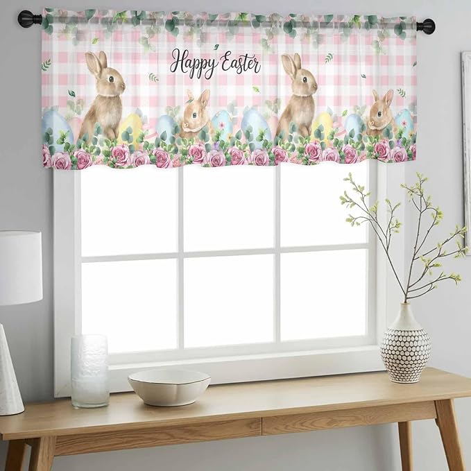 Easter Sheer Valances for Windows 60"x18", Light Filtering Kitchen Curtains Valance, Spring Watercolor Bunny Eggs Flower Leaf Pink Plaid Rod Pocket Chiffon Curtains for Living Room Bedroom Cafe