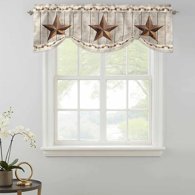 Western Texas Star Retro Tie Up Valance Curtains for Windows, Kitchen Curtains Window Shades, Country Farmhouse Gray Wood Grain Light Filtering Roman Curtain Valances for Bedroom/Bathroom/Cafe 42"x12"
