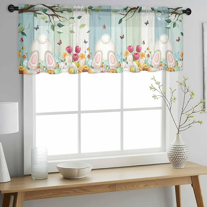 Easter Sheer Valances for Windows 42"x12", Light Filtering Kitchen Curtains Valance, Spring Watercolor Eggs Country Tulip Wooden Grain Rod Pocket Chiffon Curtains for Living Room Bedroom Cafe