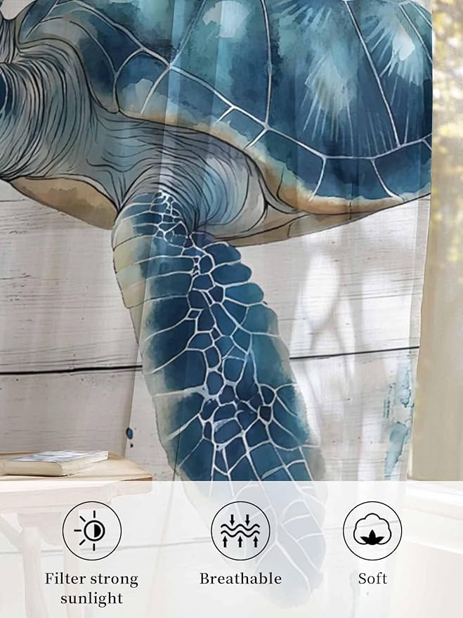 Sheer Curtains 63 Inch Length, Teal Green Ocean Turtle Semi Sheer Curtains Light Filtering Window Treatment, Coastal Seaweed Wood Grain Privacy Voile Drapes for Living Room Bedroom 52x63 Inch