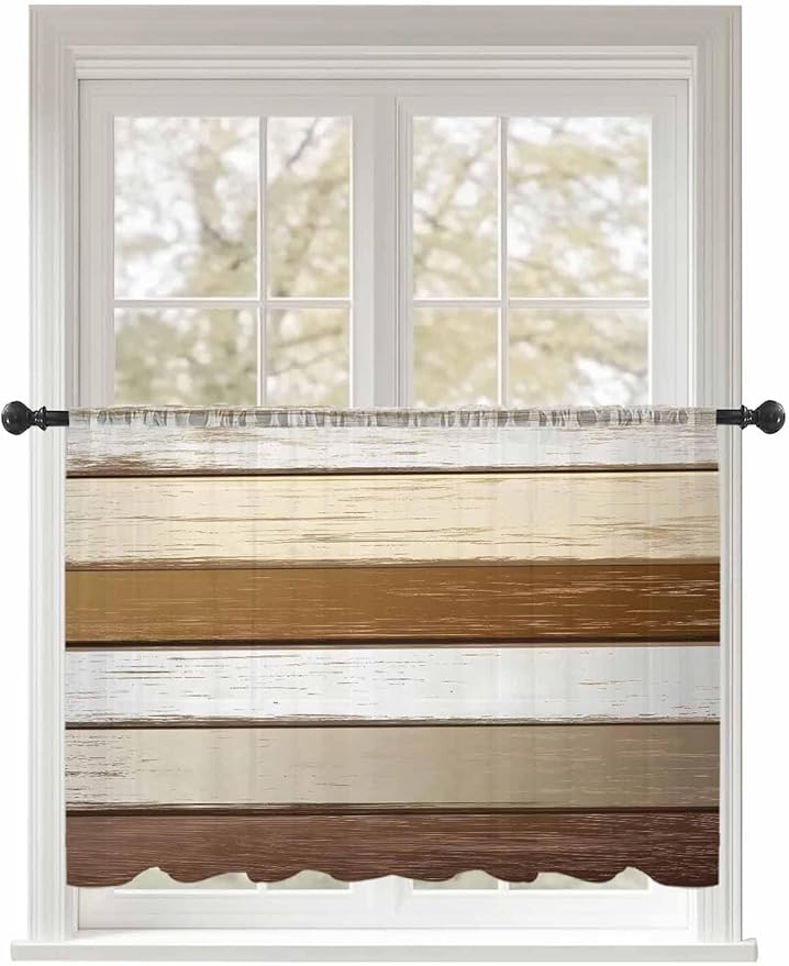 Sheer Curtains 54 Inch Length, Vintage Geometric Brown Semi Sheer Curtains Light Filtering Window Treatment, Farmhouse Country Chic Wood Grain Privacy Voile Drapes for Living Room Bedroom 52x54 Inch