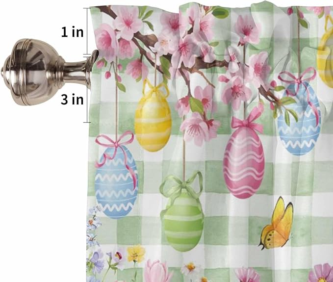 Happy Easter Tier Curtains 45 Inches Long, Spring Bunny Eggs Flower Sage Green Plaid Window Treatment Curtain Drapes, Window Half Privacy Curtains for Bedroom Bathroom, 42"x45", 2 Panels