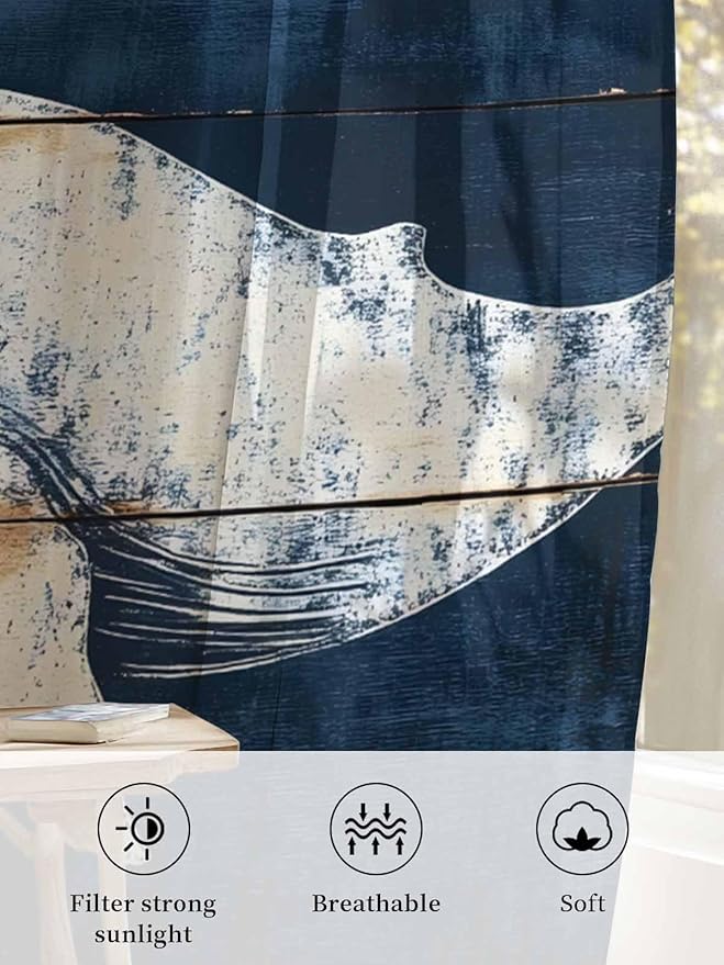 Sheer Curtains 72 Inches Long, Ocean Whale Blue Semi Sheer Curtains Light Filtering Window Treatment, Coastal Vintage Wooden Grain Privacy Voile Drapes for Living Room Bedroom 52x72 Inch