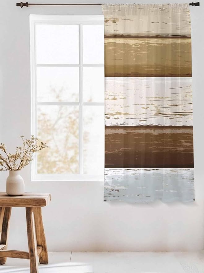 Sheer Curtains 72 Inches Long, Wood Grain Brown Semi Sheer Curtains Light Filtering Window Treatment, Farmhouse Vintage Country Geometric Privacy Voile Drapes for Living Room Bedroom 52x72 Inch