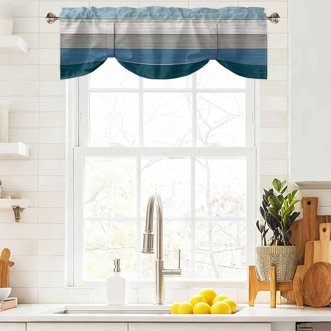 Blue Ombre Wooden Tie Up Valance Curtains for Windows, Kitchen Curtains Window Shades, Farmhouse Retro Wood Gradient Light Filtering Roman Curtain Valances for Bedroom/Bathroom/Cafe 54"x18"