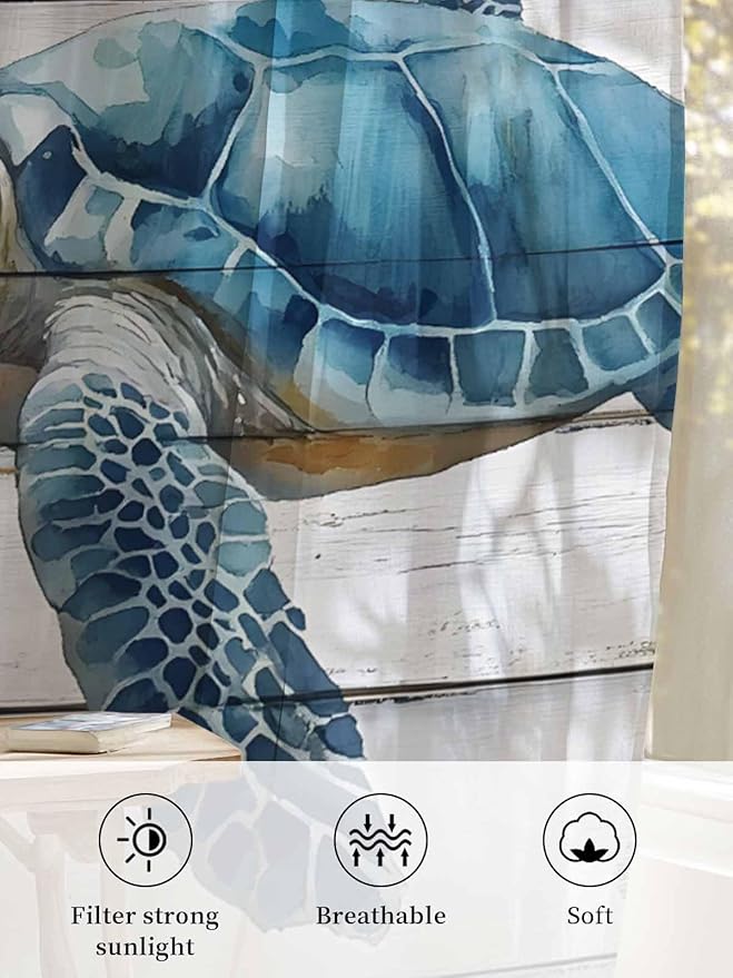 Sheer Curtains 72 Inches Long, Sea Turtle Blue Semi Sheer Curtains Light Filtering Window Treatment, Coastal Ocean Seaweed Wood Grain Privacy Voile Drapes for Living Room Bedroom 52x72 Inch