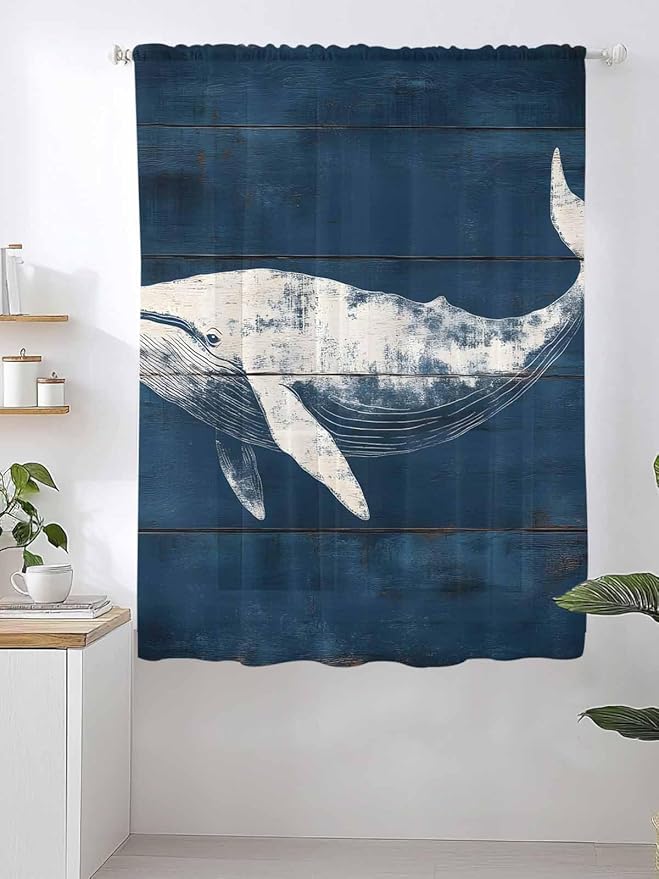 Sheer Curtains 72 Inches Long, Summer Whale Semi Sheer Curtains Light Filtering Window Treatment, Ocean Vintage Wooden Grain Blue Privacy Voile Drapes for Living Room Bedroom 52x72 Inch
