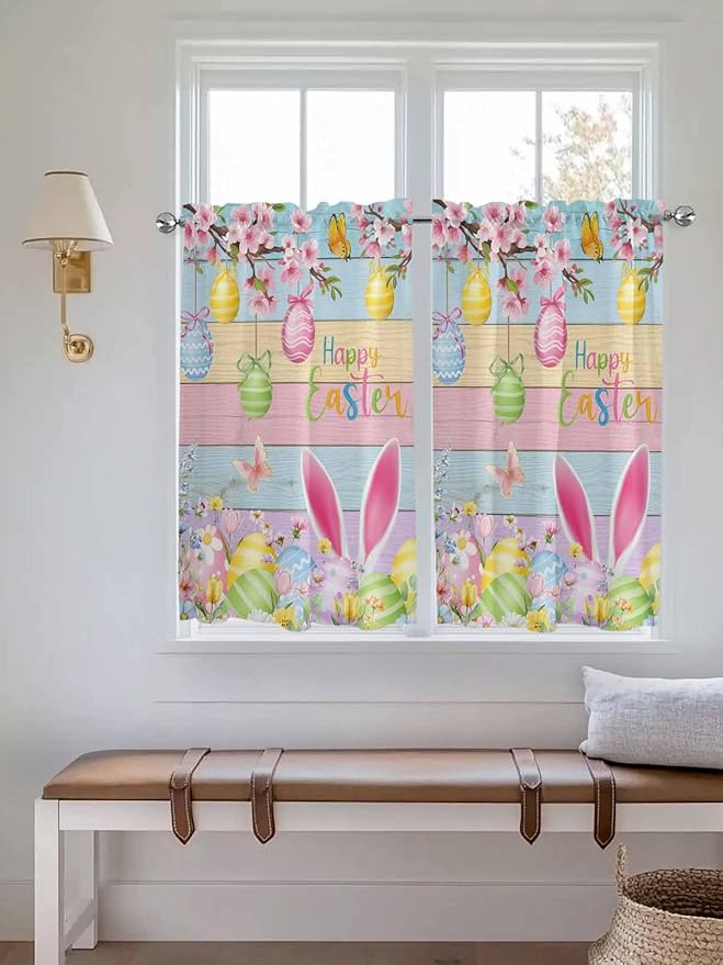 Colorful Easter Kitchen Curtains 54 Inches length, Spring Watercolor Bunny Egg Flower Wood Grain Window Treatment Curtain Drapes, Thermal Insulated Drapes for Basement Hotel RV, 42"x54", 2 Panels