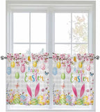 Happy Easter Half Window Curtains 24 Inches Long, Spring Watercolor Bunny Eggs Flower Grey Plaid Window Treatment Curtain Drapes, Short Curtains Tiers for Kitchen Over Sink, 27.5"x24", 2 Panels