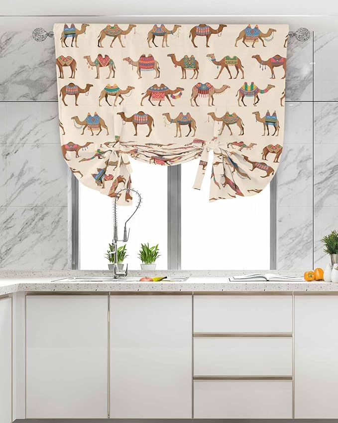 Tie Up Curtains for Windows, Summer Camels Adjustable Balloon Nature Linen Textured Kitchen Curtain, Farmhouse Retro Cartoon Desert Animals Tie Up Blackout Curtains for Bedroom, 52 x 63 Inches